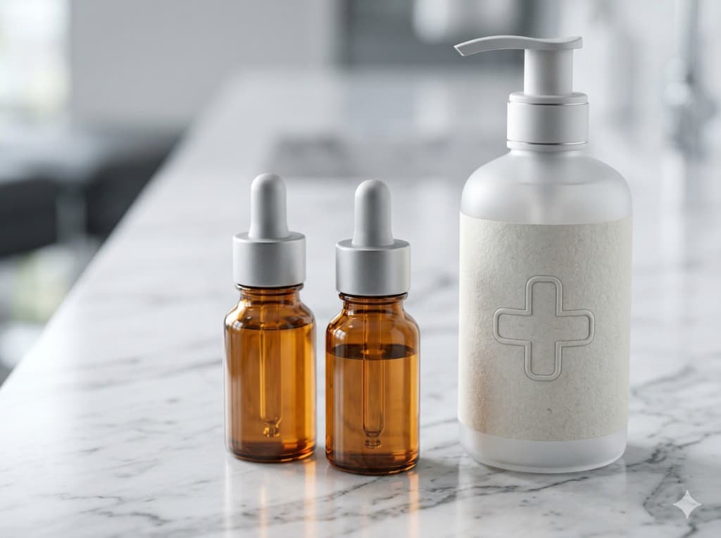 Klinische Pflegeprodukte und Pipettenfläschchen auf Marmor — passend zu Medikamenten und möglichen Zusatzkosten.