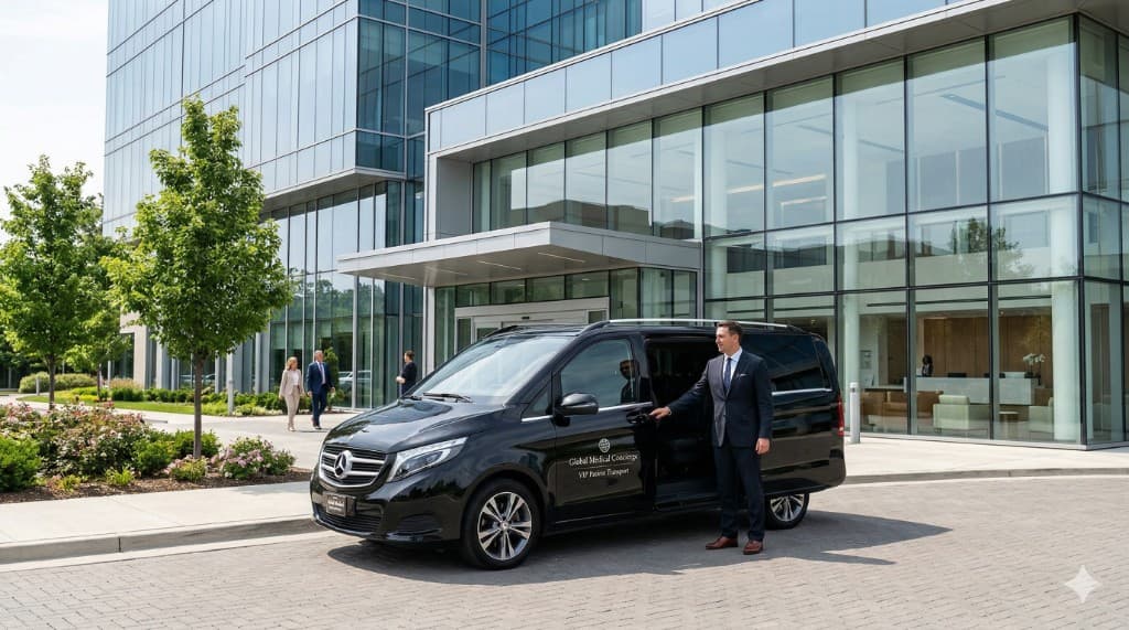 VIP-Patiententransfer: schwarzer Shuttle vor einer modernen Klinik — typisch für gebündelte All-inclusive-Pakete in der Türkei.