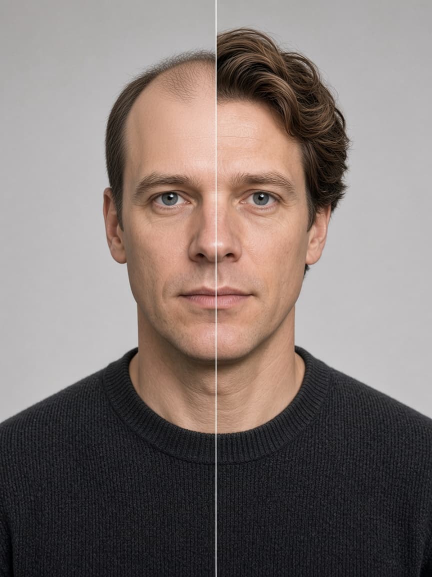 Derselbe Mann, links mit ausgedünntem Haar und rechts mit vollem Haar