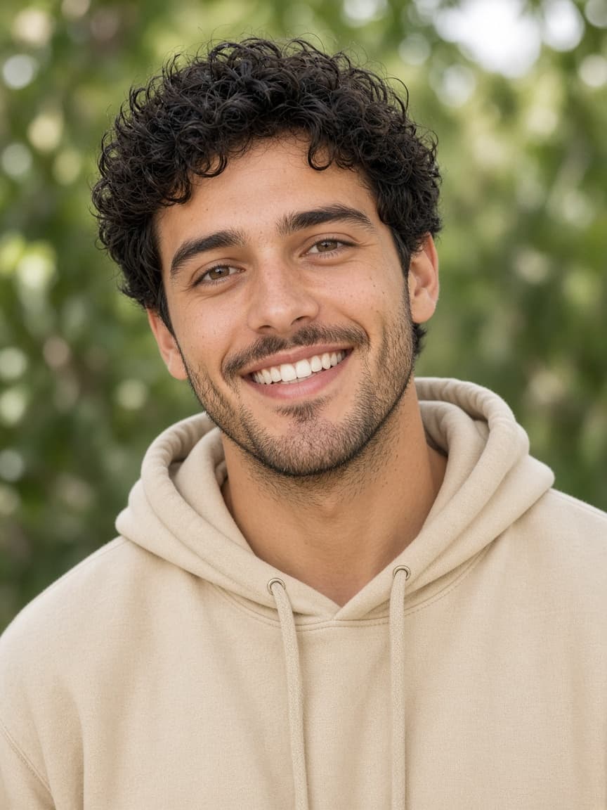 Mann im Hoodie, lächelnd im Freien