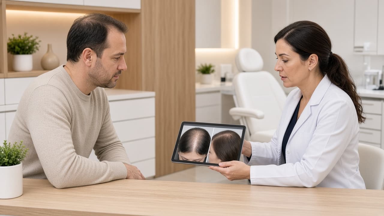Beratung in einer modernen Haarklinik mit Patient und Beraterin